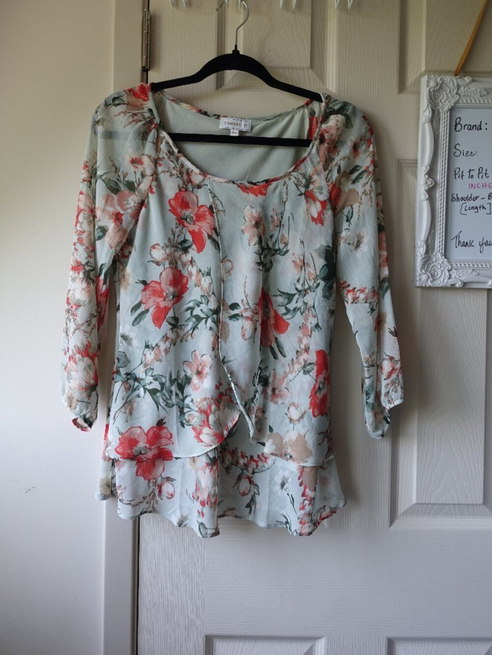 Tamara H Light Blue Floral Layered Blouse with Coral Accents